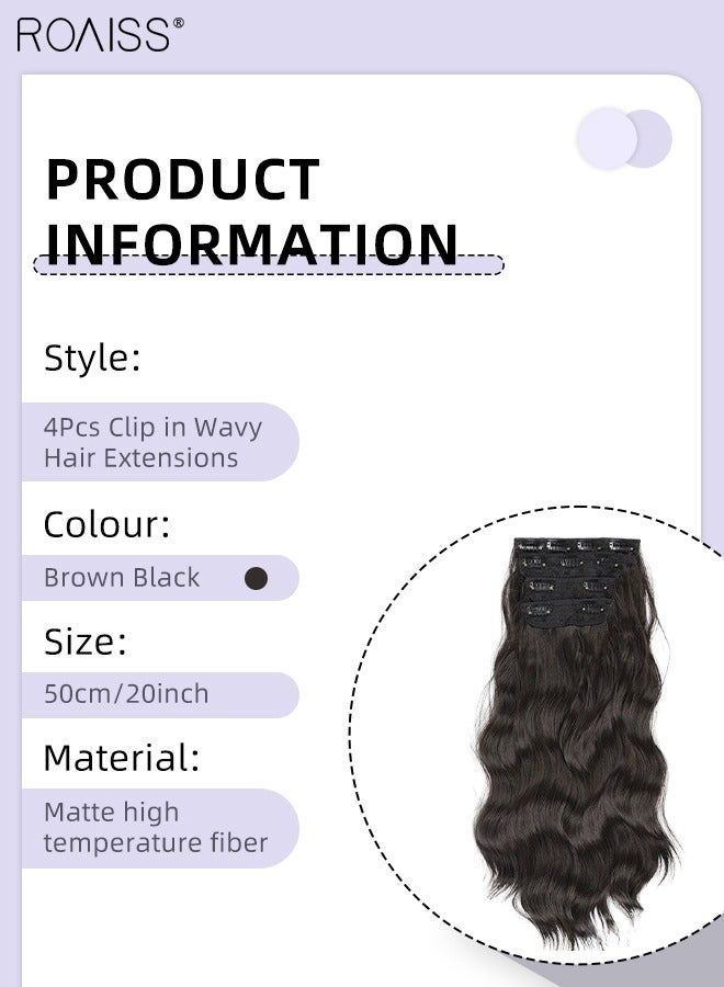 رويس 4 قطع من وصلات الشعر المموجة بالمشابك، وصلات شعر صناعية طويلة غير مرئية قابلة للتعديل ومقاومة للحرارة للفتيات والنساء، أسود بني، 50 سم (20 بوصة) - Image 3