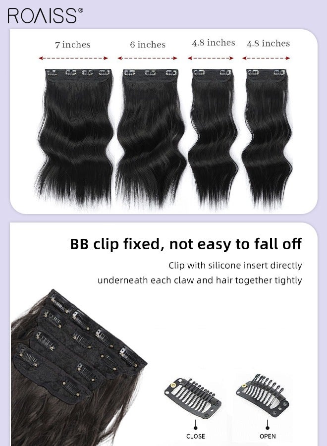 رويس 4 قطع من وصلات الشعر المموجة بالمشابك، وصلات شعر صناعية طويلة غير مرئية قابلة للتعديل ومقاومة للحرارة للفتيات والنساء، أسود بني، 50 سم (20 بوصة) - Image 5