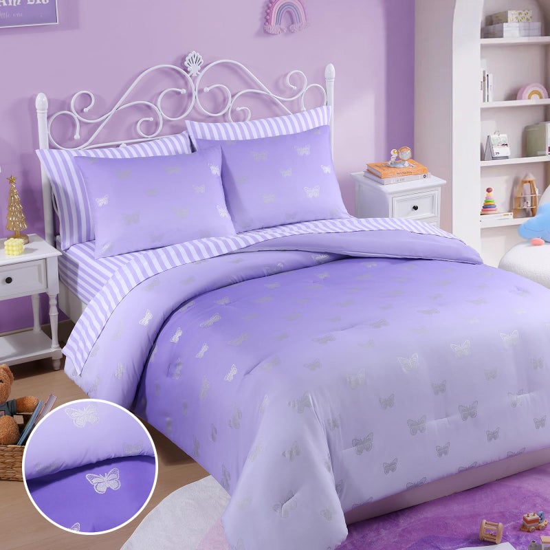Wink Deer Twin Comforter Set with Sheets for Girls-5 Pieces Twin Bedding Sets with Purple Comforter, Sheets, Pillowcase & Sham for Kids (Purple Butterfly, 66" X 86") - Image 2