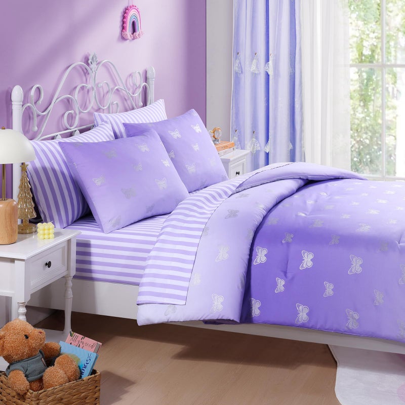 Wink Deer Twin Comforter Set with Sheets for Girls-5 Pieces Twin Bedding Sets with Purple Comforter, Sheets, Pillowcase & Sham for Kids (Purple Butterfly, 66" X 86") - Image 5