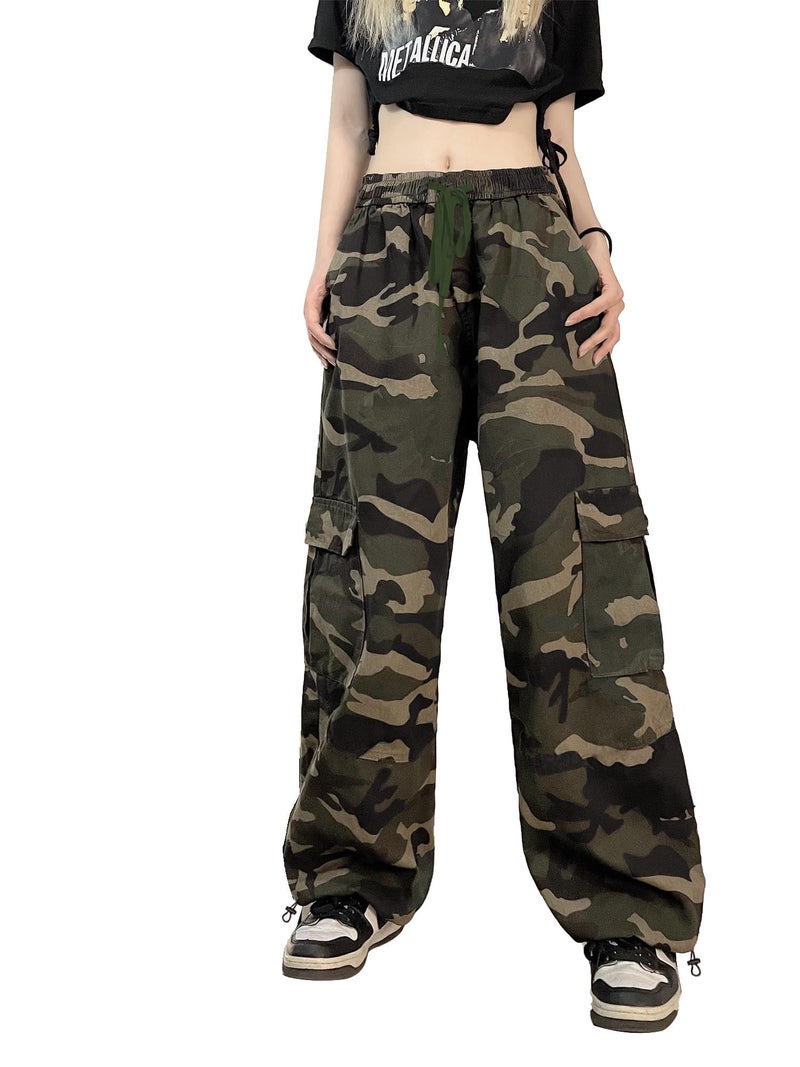 SESERAGI Cargo Pants Women Baggy Streetwear Y2K Drawstring Trousers Wide Leg Pants Camo Green XL - Image 1
