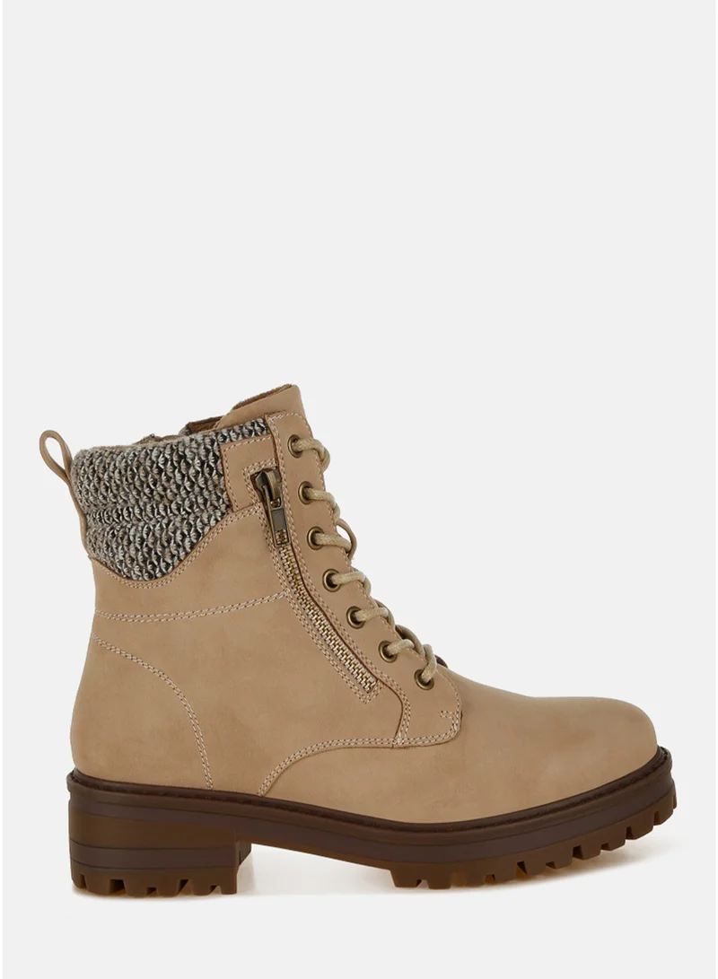 London Rag Women's Knitted Collar Zip-Up Hiker Boots in Beige