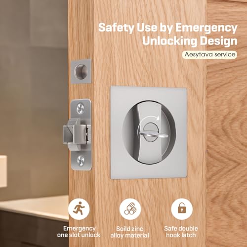 Aesytava Brushed Nickel Privacy Pocket Door Hardware 2 38 Backset Zinc Alloy Heavy Duty Square Pocket Door Lock Silver Solid Pocket Door Handle1 Pack - Image 3