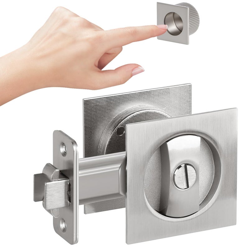 Aesytava Brushed Nickel Privacy Pocket Door Hardware 2 38 Backset Zinc Alloy Heavy Duty Square Pocket Door Lock Silver Solid Pocket Door Handle1 Pack - Image 2