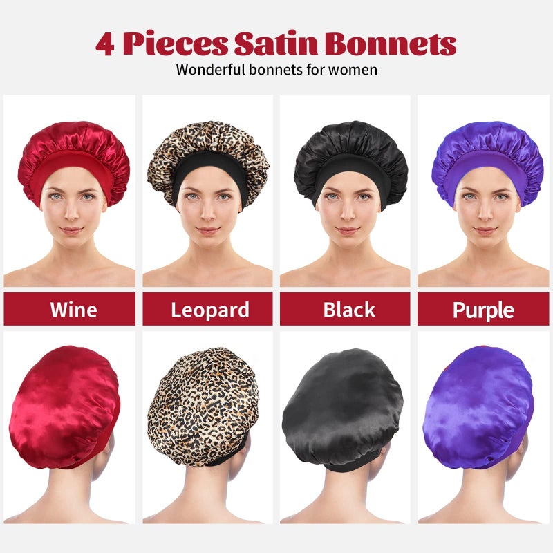 ZHENSILK 4Pcs Silk Bonnet for Sleeping, Satin Hair Bonnets, Soft Elastic Band Silk Sleep Cap, Hair Wrap for Women(Black Wine Red Purple Gold) - Image 5