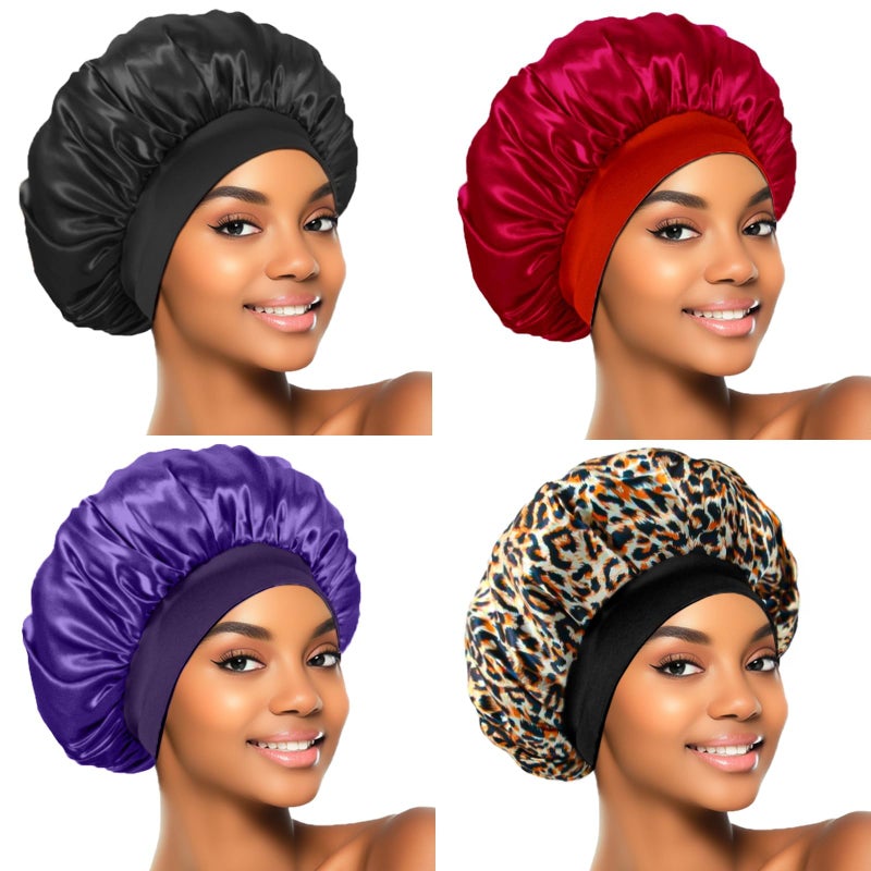 ZHENSILK 4Pcs Silk Bonnet for Sleeping, Satin Hair Bonnets, Soft Elastic Band Silk Sleep Cap, Hair Wrap for Women(Black Wine Red Purple Gold) - Image 1