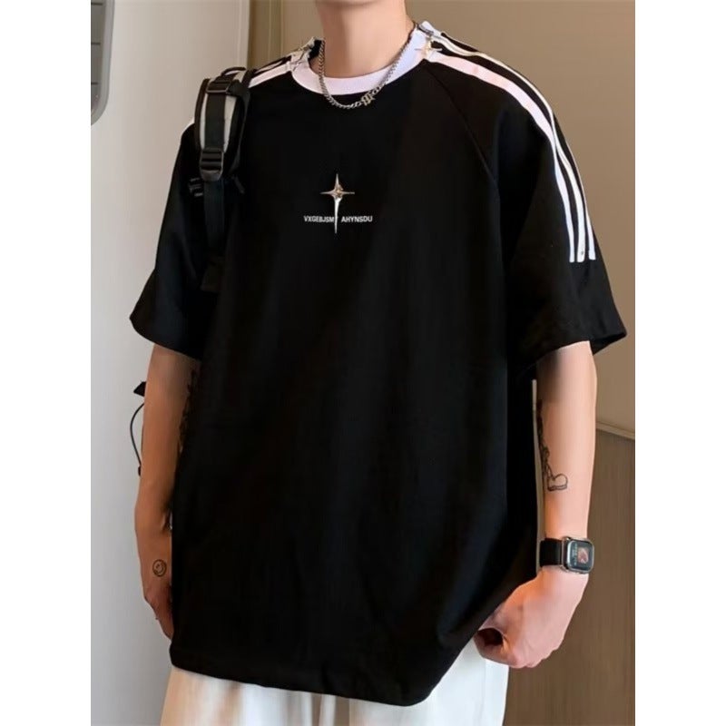 National Trendy American Retro Three-Bar Rag Short-Sleeved Men'S Loose All-Match Casual Sports Couple'S T-Shirt Duffy Handsome Niche - Image 5