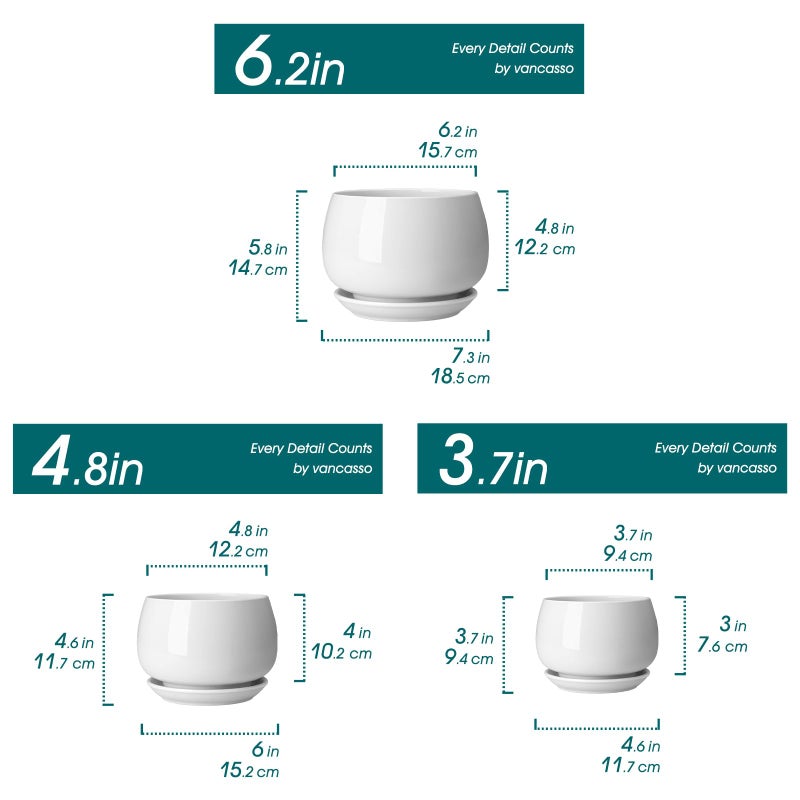 vancasso 3-Pack Ceramic Plant Pots, 3.7/4.8/6.2 Inch Indoor Planters with Saucers & Drainage Hole Planter pots for Indoor Plants and Flower, White - Image 2