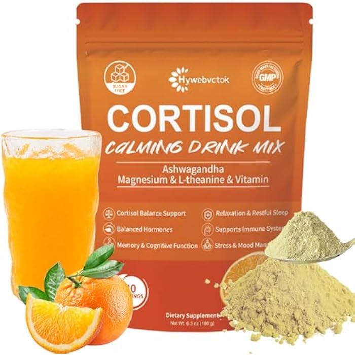 Hywebvctok Cortisol Drink Powder Sugar Free, Natural Cortisol Supplements for Women Men,with Ashwagandha, L-Theanine, Black Pepper Extract, Turmeric Root, Relaxation, Focus,Mental Clarity,6.3 OZ - Image 1