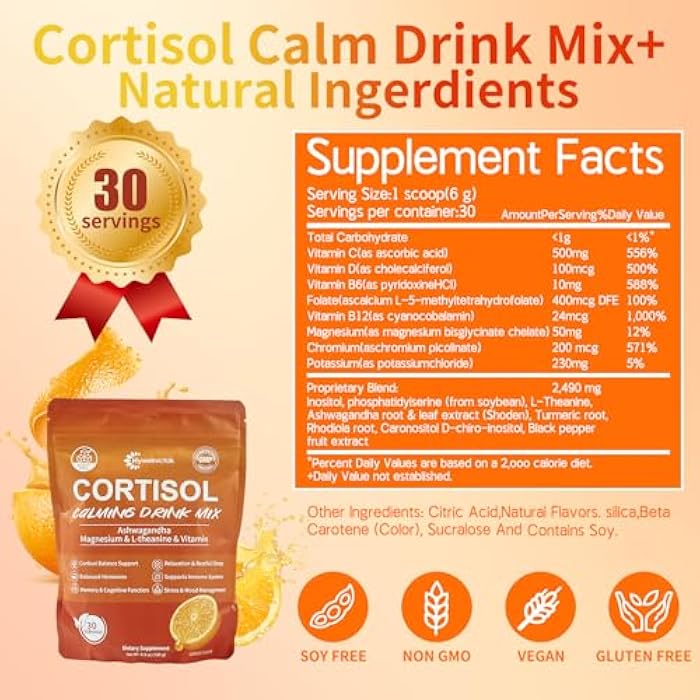 Hywebvctok Cortisol Drink Powder Sugar Free, Natural Cortisol Supplements for Women Men,with Ashwagandha, L-Theanine, Black Pepper Extract, Turmeric Root, Relaxation, Focus,Mental Clarity,6.3 OZ - Image 2