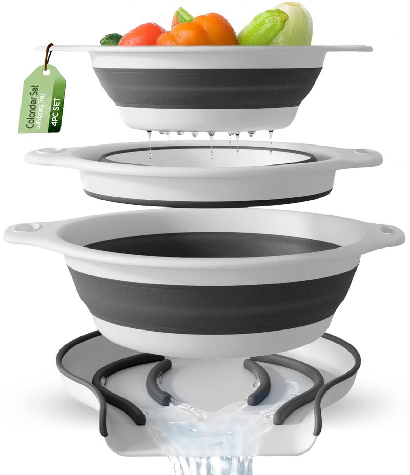 Gevoli Collapsible Colanders (3 Pack Set) Food Strainers with Over-Sink Water Draining Base for Pasta Fruits and Vegetables (Patent Pending) White (3 Sizes, 3QT, 4QT and 5 Quart) - Image 1