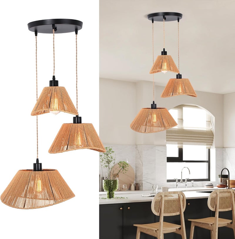 Garwarm Rattan Pendant Light Boho Hanging Light,3-Lights Handmade Pendant Light Fixture Adjustable Farmhouse Twine Shade Chandelier for Living Dining Room Kitchen Bar coffee Foyer Hallway 41 +31+23cm - Image 1