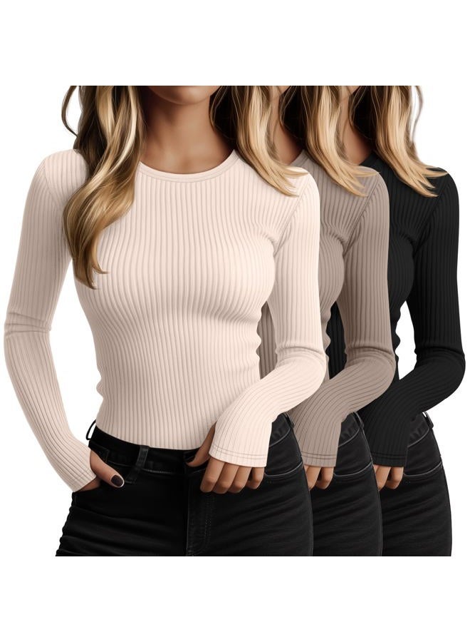 Huukeay 3 Pack Women's Cotton Ribbed Long Sleeve Tops with Thumb Holes, Crew Neck Undershirt Slim Fit Stretchy Layering Shirt, Black, Mocha, Cream, M - Image 1