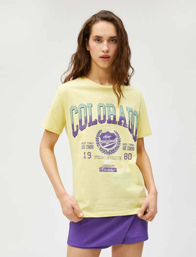 KOTON Cotton Printed T-Shirt Short Sleeve Crew Neck Cotton