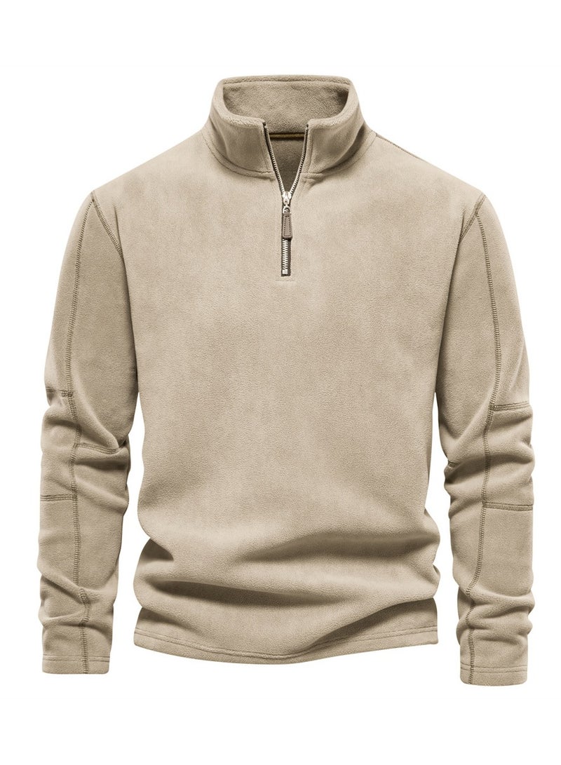 Loquat Men's Autumn And Winter Standing Collar Long Sleeved Hoodie Fleece Top  Light Khaki Color  - Image 1
