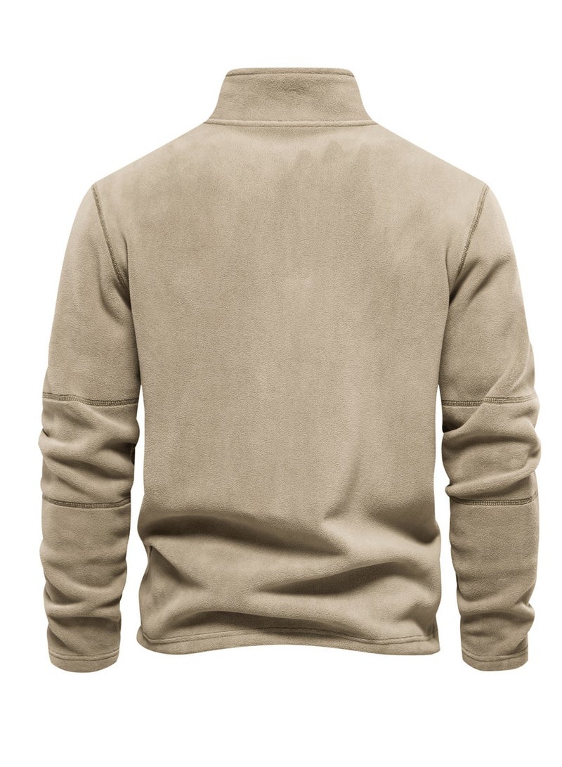 Loquat Men's Autumn And Winter Standing Collar Long Sleeved Hoodie Fleece Top  Light Khaki Color  - Image 2