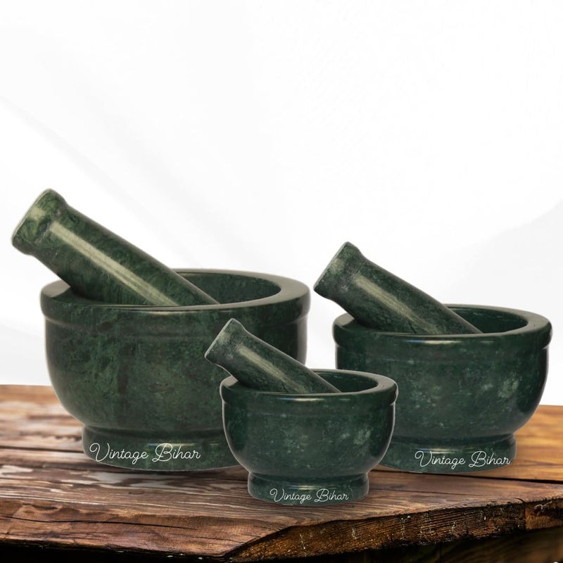 VintageBihar طقم مدقة وهاون من الرخام الأخضر VintageBihar مثالي لطحن التوابل والأعشاب كهرال كندي أوكلي خال موسال لطحن التوابل للمطبخ رخام أخضر 4 بوصة × 25 بوصة - Image 5