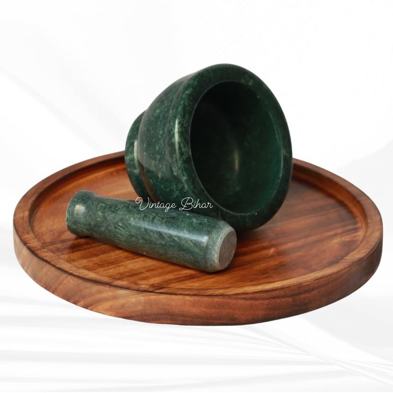 VintageBihar طقم مدقة وهاون من الرخام الأخضر VintageBihar مثالي لطحن التوابل والأعشاب كهرال كندي أوكلي خال موسال لطحن التوابل للمطبخ رخام أخضر 4 بوصة × 25 بوصة - Image 3