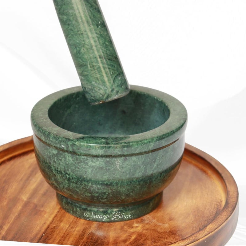 VintageBihar طقم مدقة وهاون من الرخام الأخضر VintageBihar مثالي لطحن التوابل والأعشاب كهرال كندي أوكلي خال موسال لطحن التوابل للمطبخ رخام أخضر 4 بوصة × 25 بوصة - Image 4