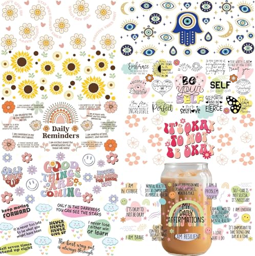 Bestus UV DTF Cup Wrap Transfer for Glass 16Oz Glass Can Rub on Transfer for Crafts, Cup Decal Stickers,9 Sheets Waterproof Ready to Apply, Ready to Press Transfers for Crafting Inspirational Self Love Style - Image 1