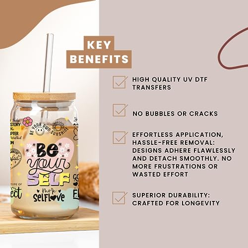 Bestus UV DTF Cup Wrap Transfer for Glass 16Oz Glass Can Rub on Transfer for Crafts, Cup Decal Stickers,9 Sheets Waterproof Ready to Apply, Ready to Press Transfers for Crafting Inspirational Self Love Style - Image 3