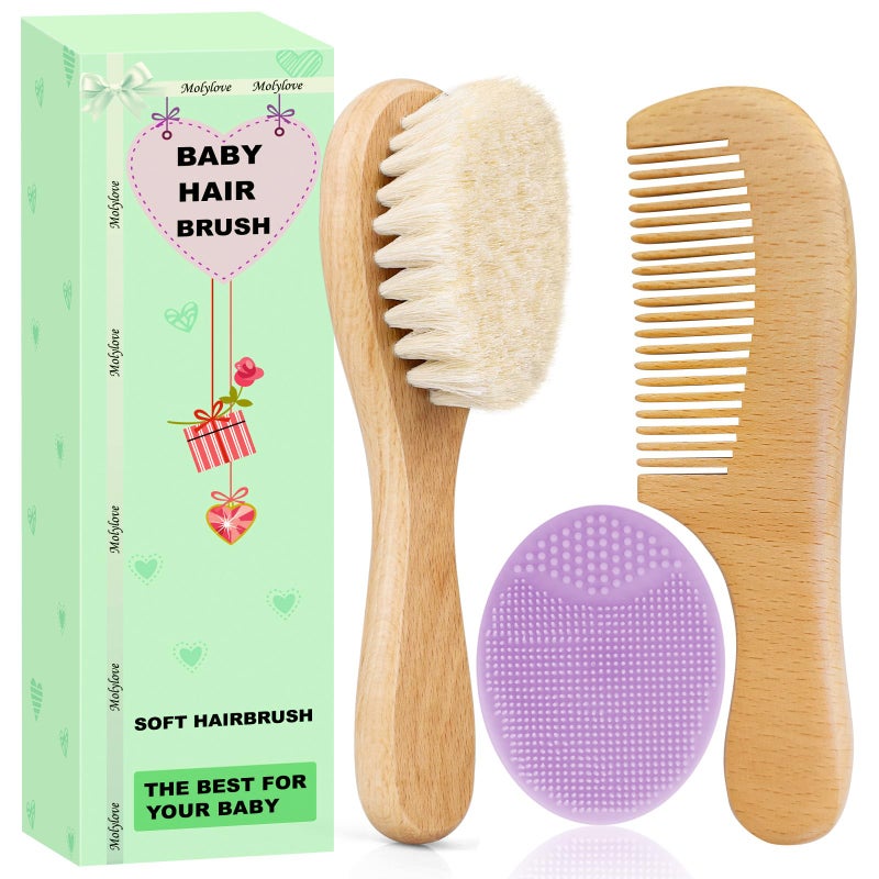 Molylove Baby Hair Brush and Comb Set for Newborns Toddlers Wooden Baby Brush Set with Soft Goat Bristles l Wood Comb l Purple Cradle Cap Brush Ideal for Cradle Cap 3 Piece