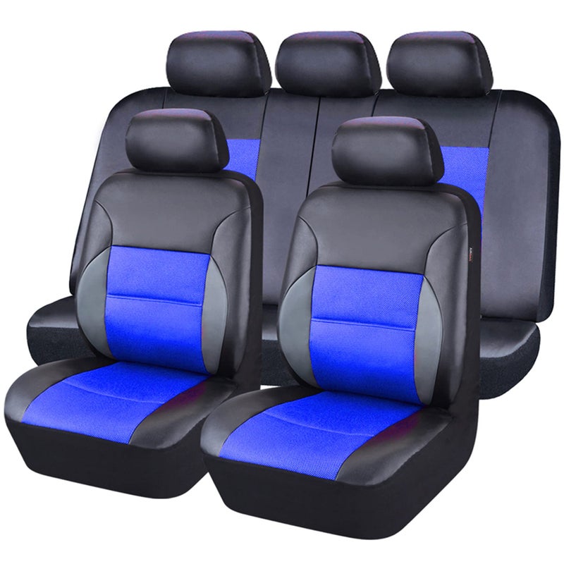 CAR PASS Luxurious Faux PU Leather Universal Seat Covers Set Car Seat Cover Full Set Fit for Vehicles Sedan SUVs Trucks with Super 5mm Composite Sponge Inside Airbag Compatible Black and Blue