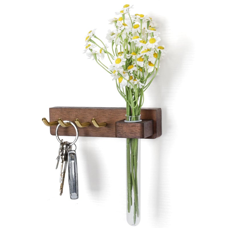 LEIRUOTM Key Holder Wall Mount, Solid Wood Key Holder for Wall with Planter Tube & 4 Brass Hooks, Decorative Renter-Friendly Wall Key Rack Hanger for Entryway Kitchen Living Room Car Keys - Image 1