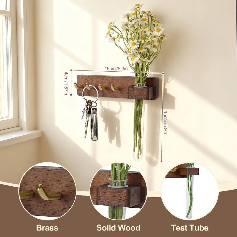 LEIRUOTM Key Holder Wall Mount, Solid Wood Key Holder for Wall with Planter Tube & 4 Brass Hooks, Decorative Renter-Friendly Wall Key Rack Hanger for Entryway Kitchen Living Room Car Keys - Image 3