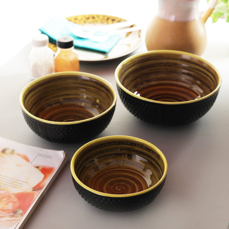 miah decor Miah Décor Ceramic Handcrafted Nestled Serving Bowls Set -Pack of 3|Stoneware/Dotted Surface Pattern| Dia-8"/7"/6"| Microwave & Dishwasher Safe|MDCF-35|Black and Yellow - Image 1