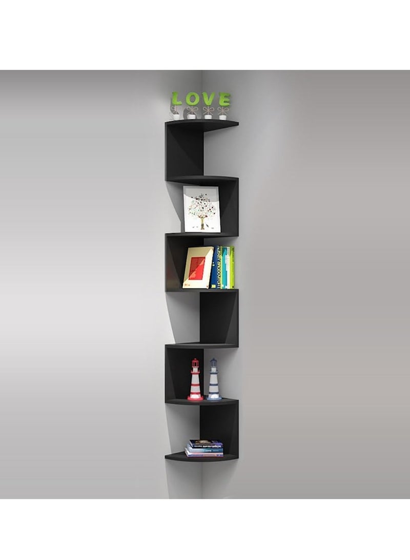 Rubik Corner Shelf Wall Mounted, 7 Tier Zigzag Wall Mounted Wood Halter Floating Shelves for Home Office Storage and Decor Display (Black)  - Image 2