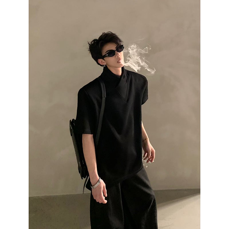 American-style stacked design sense semi-high neck short-sleeved t-shirt, men's summer handsome high-end sense of dressing black shoulder padded half-sleeved - Image 4