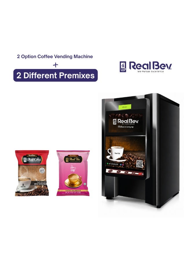 ريالبيف ماكينة بيع قهوة RealBev بخيارين مع عبوة خلط مسبقة التحضير | ماكينة بيع قهوة سريعة التحضير وشاي كرك | موزع مشروبات ساخنة أوتوماتيكي للمكاتب، والمطابخ، والمتاجر، والاستقبال، والعيادات، والاستخدام التجاري - Image 1