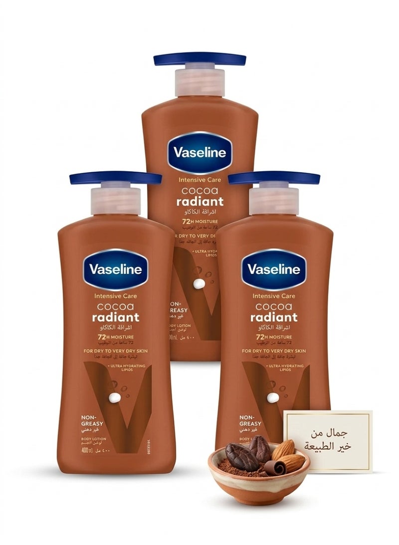 Vaseline [100% Original] 3 pieces Cocoa Radiant Body Lotion with Cocoa Butter, Non-Greasy Formula, Restores Radiance to Healthy and Dull Skin, 400 ml - Image 1