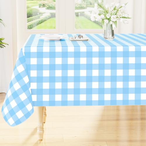 Smiry Rectangle Table Cloth Waterproof Vinyl Tablecloth with Flannel Backing Wipeable Buffalo Plaid Table Cover for Picnic Indoor and Outdoor Baby Blue White 60x84 - Image 1
