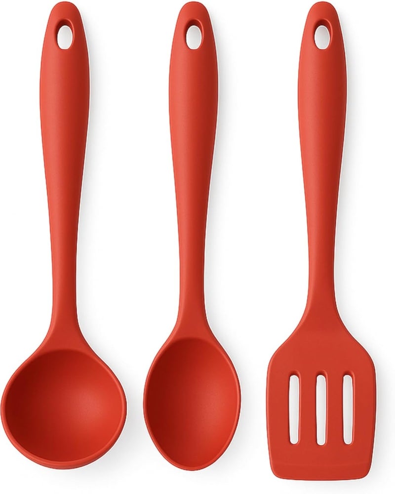 3PCS Silicone Kitchen Utensils Set 3PCS â€“ Soup Ladle + Serving Spoon + Slotted Spoon â€“ Food Contact Safe, Heat Resistant Up to 230Â°C, Suitable for Nonstick Utensils, Ergonomic Handle (Red)