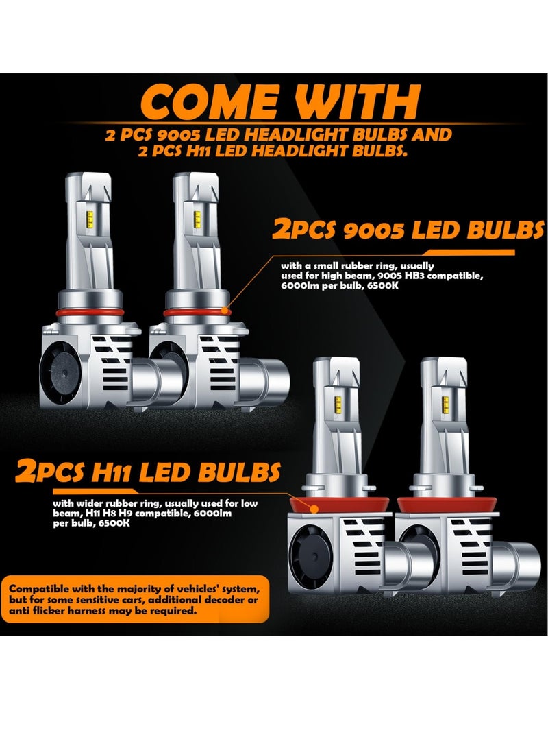 Excefore LED Headlight Bulbs Combo, 6500K Cool White 24000LM Wireless , H11 9005/ H9 /H8 9005/HB3 Automotive Headlight Bulbs for Auto Replacement, High Low Beam (9005, H11 Style 2PCS Each) - Image 2
