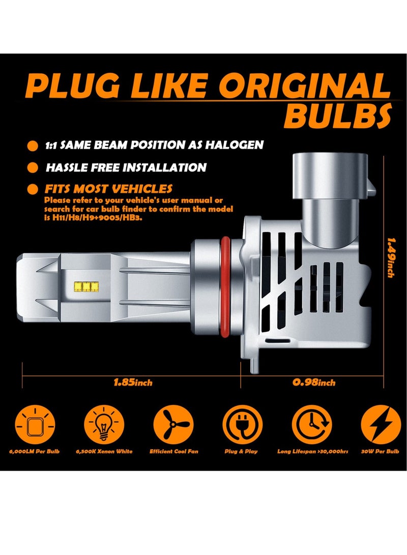 Excefore LED Headlight Bulbs Combo, 6500K Cool White 24000LM Wireless , H11 9005/ H9 /H8 9005/HB3 Automotive Headlight Bulbs for Auto Replacement, High Low Beam (9005, H11 Style 2PCS Each) - Image 3