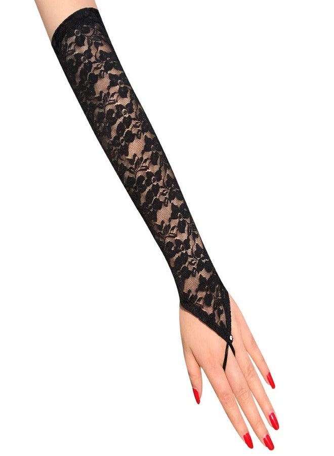 Latious Lace Gloves Black Fingerless Long Bridal Gloves Floral Glove 1920s Party Wedding Prom Glove Accessories for Women and Brides Elbow Length (Black) - Image 3