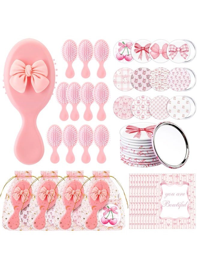 Ferrochef 48 Pcs Coquette Party Favors Pink Bow Mini Compact Mirror Bulk Mini Hair Brush with You are Bowtiful Cards for Women Girls Wedding Bridal Shower Breast Cancer Birthday Party Favor - Image 1