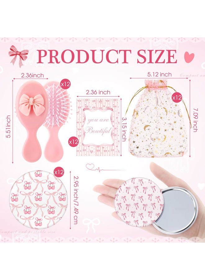 Ferrochef 48 Pcs Coquette Party Favors Pink Bow Mini Compact Mirror Bulk Mini Hair Brush with You are Bowtiful Cards for Women Girls Wedding Bridal Shower Breast Cancer Birthday Party Favor - Image 2