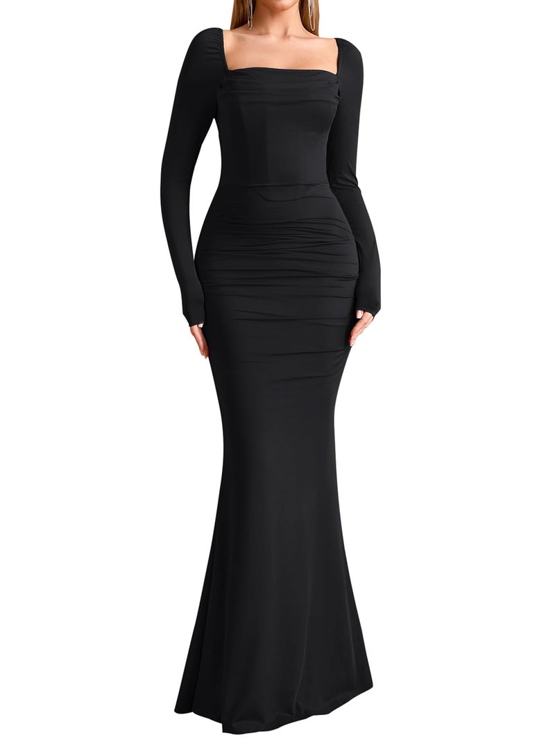 EYNMIN Corset Maxi Dress Long Sleeve Square Neck Ruched Bodycon Elegant Formal Wedding Guest Dresses for Women Black - Image 1