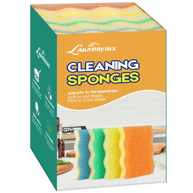 LAUNDRYLUX Scrub Sponge, 4 Pack Dual-Sided Temperature-Responsive Scrubber - Non-Scratch - Multipurpose Dish Sponges for Kitchens, Bathrooms, and Outdoor Use - Wave-Shaped - Image 1