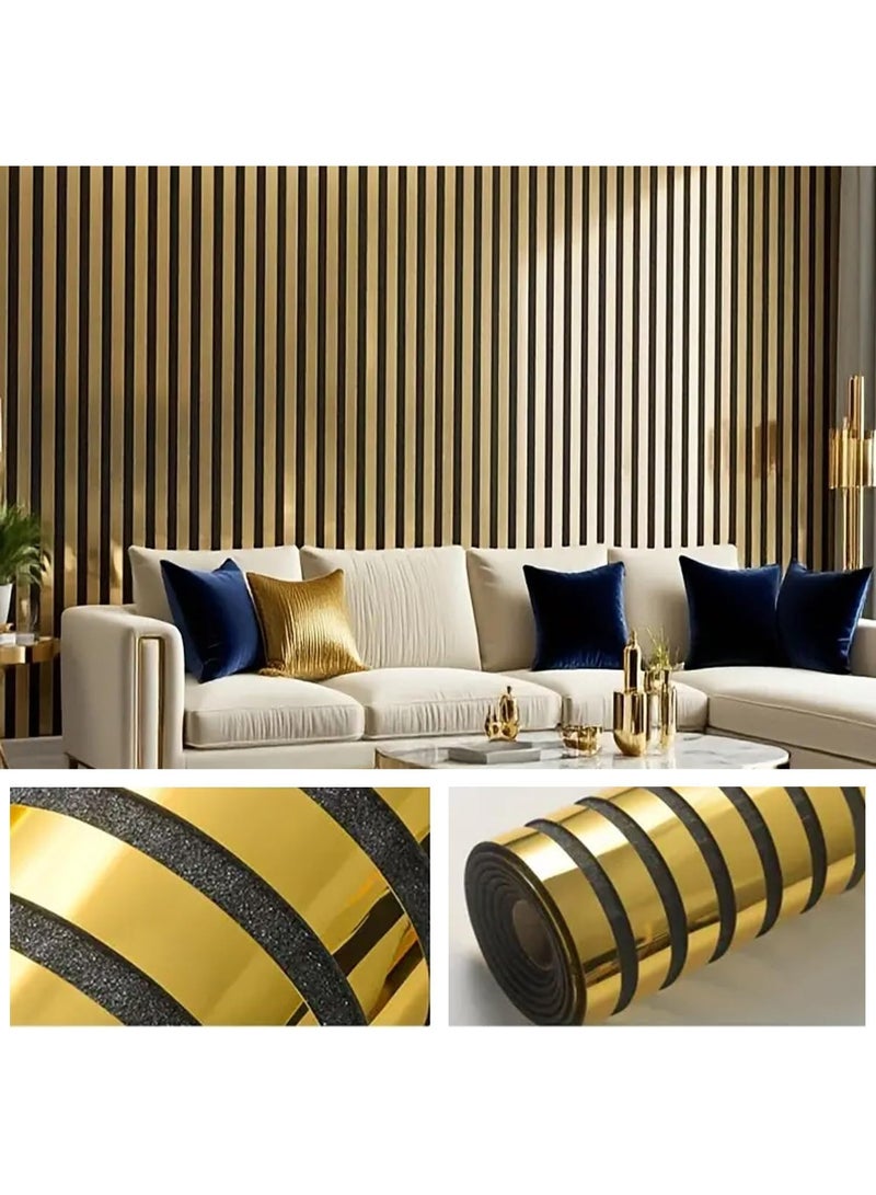 DELGREEN 3D wallpaper self-adhesive - metal grille thickened foam self-adhesive wallboard -300cm x 40cm decorative wall cloth, suitable for home decoration, living room, bedroom (Golden) - Image 1