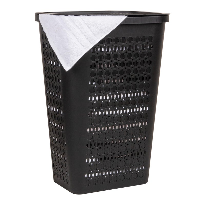 Mind Reader Slim Tapered Laundry Hamper with Lid, Clothes Basket with Swiss Cross Cut-Outs, Lightweight & Ventilated, Plastic, 16.75"L x 12.75"W x 23"H, Black - Image 1