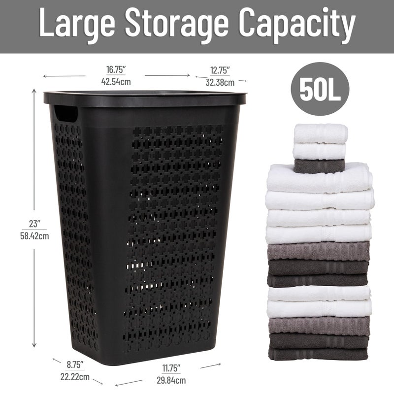 Mind Reader Slim Tapered Laundry Hamper with Lid, Clothes Basket with Swiss Cross Cut-Outs, Lightweight & Ventilated, Plastic, 16.75"L x 12.75"W x 23"H, Black - Image 3