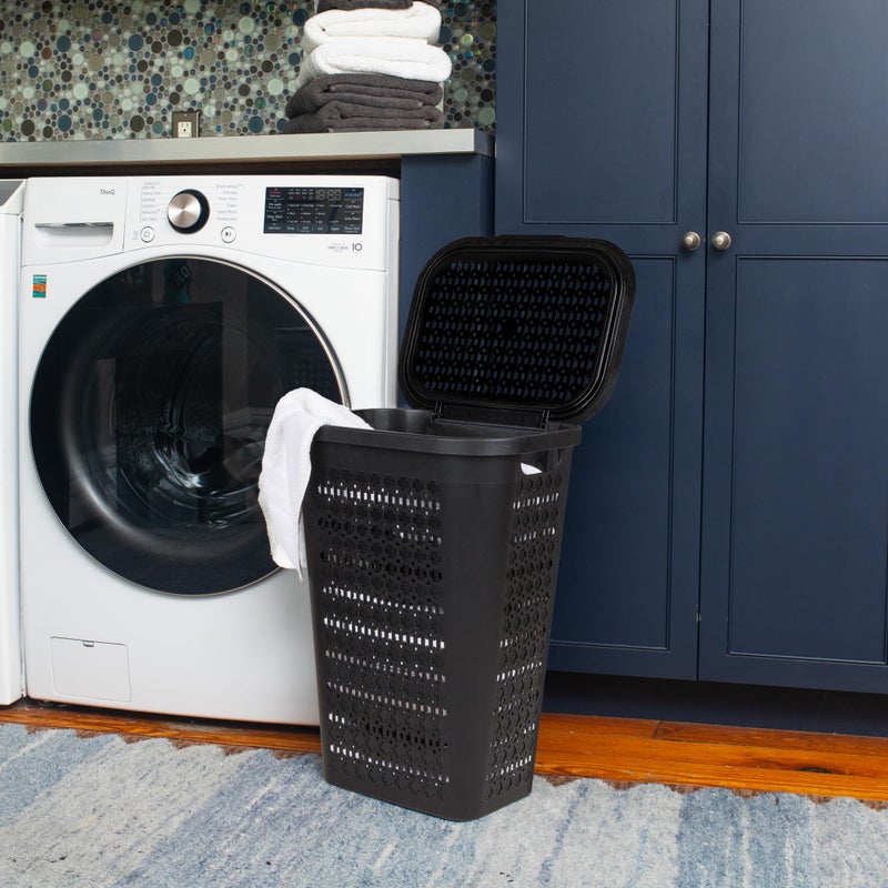 Mind Reader Slim Tapered Laundry Hamper with Lid, Clothes Basket with Swiss Cross Cut-Outs, Lightweight & Ventilated, Plastic, 16.75"L x 12.75"W x 23"H, Black - Image 2