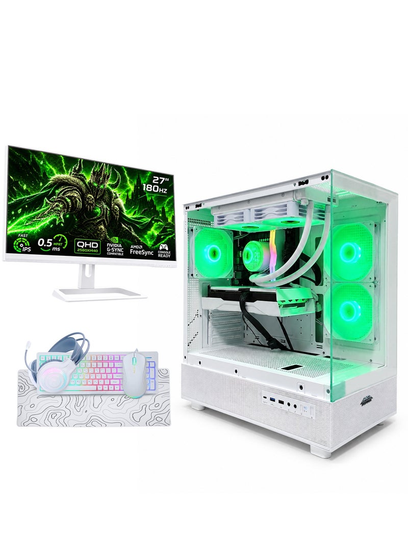 عرب جيمرز حزمة كمبيوتر ألعاب متكاملة بمعالج Intel Core i5-14400F، بطاقة RTX 5060 Ti 16GB، ذاكرة وصول عشوائي 16GB، قرص NVMe SSD سعة 1TB، شاشة QHD 180Hz بحجم 27 بوصة، لوحة مفاتيح وماوس وسماعة رأس، جاهز للواي فاي والبلوتوث، ويندوز 11 برو - أبيض - Image 1