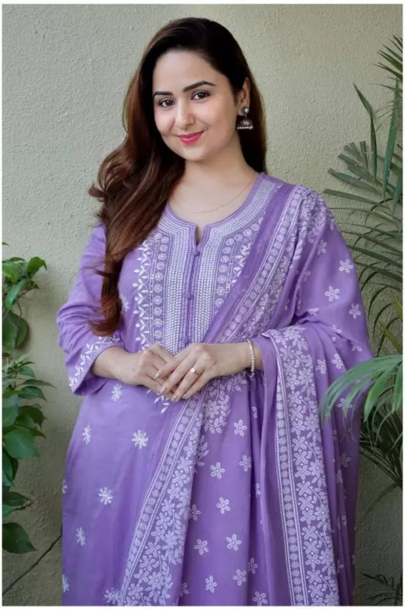 BHARVITA Women's Cotton Embroidered Chikankari Work Straight Kurta Dupatta Pant Set (in, Alpha, M, Violet) - Image 2
