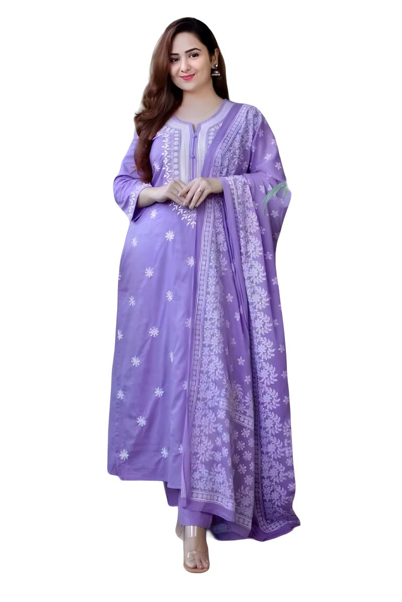 BHARVITA Women's Cotton Embroidered Chikankari Work Straight Kurta Dupatta Pant Set (in, Alpha, M, Violet) - Image 1